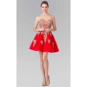GLS Apparel USA Inc. Women's Red Tull  Strapless Dress W/Gold Sequins Size XS
